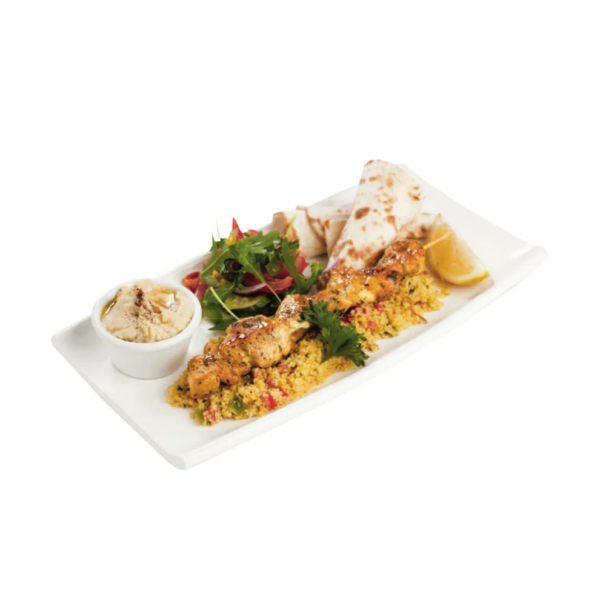 Grilled Moroccan-Spiced Chicken Skewer with Orange Glaze, served with Couscous, Hummus, Wheat Tortilla & Salad.