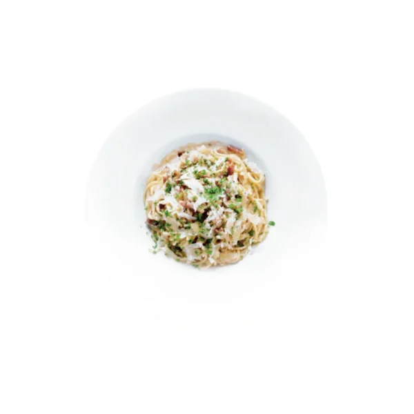 Spaghetti carbonara with crispy bacon, white wine, garlic, parsley, Parmesan cheese, and a creamy sauce.