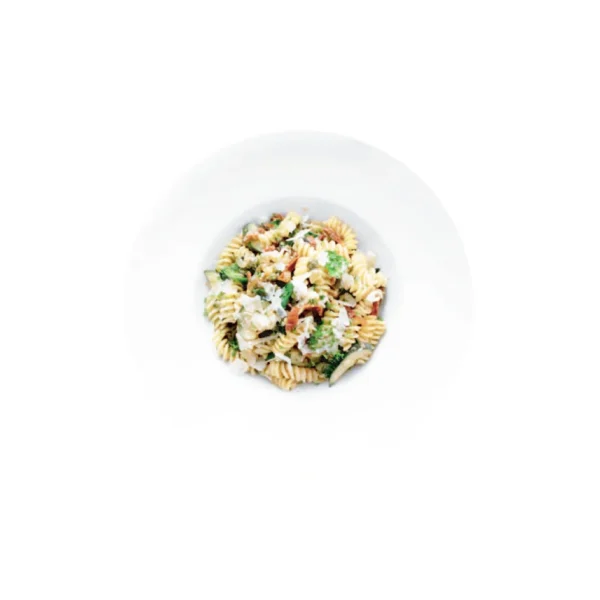 Fusilli pasta with chicken, courgettes, sun-dried tomatoes, spinach, and olive tapenade.