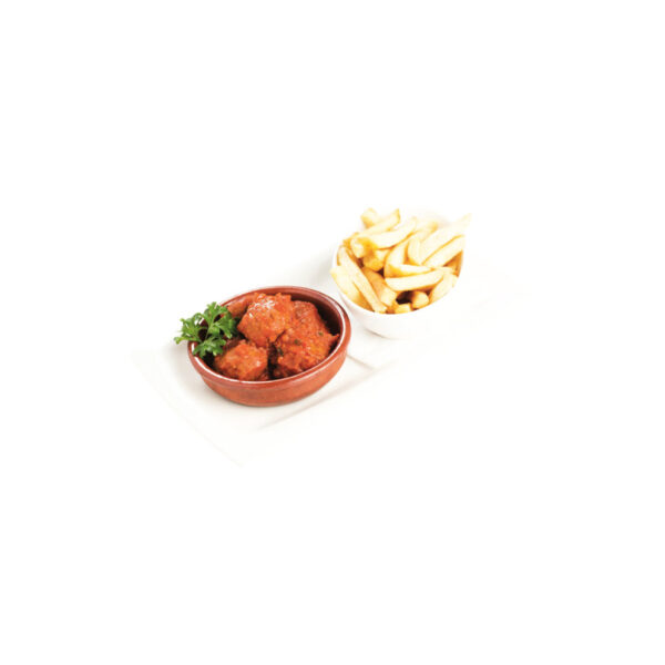 Beef meatballs in rich tomato sauce served with French fries at La Plaza Málaga Bar - kids -menu