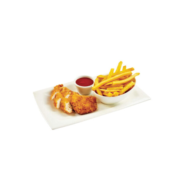 Crispy breaded chicken strips with French fries and dipping sauce at La Plaza Málaga Bar - kids menu