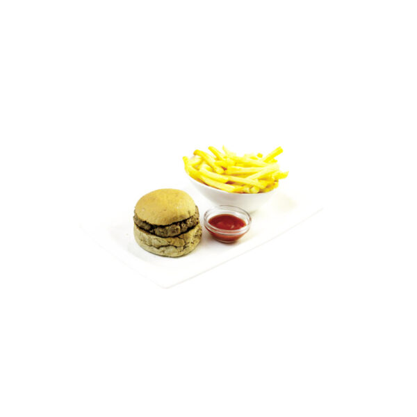 Mini beef burger with melted cheese and French fries at La Plaza Málaga Bar - kids menu